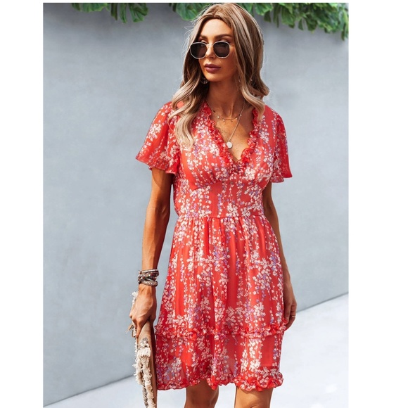 Floral Red Dress Summer V-Neck Short Mini - Picture 6 of 7